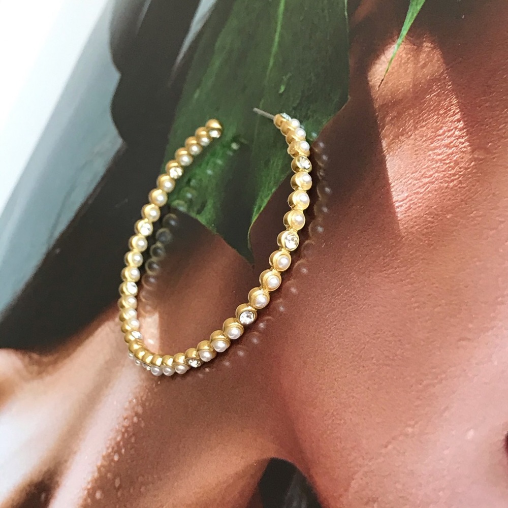 Gold Hoop with Crystals Glass Pearl Earrings - Picture 6 of 16